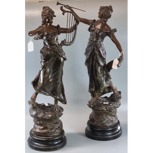 70 - Pair of early 20th century French spelter emblematic figures on ebonised socle bases.  (2)  (B.P. 21... 