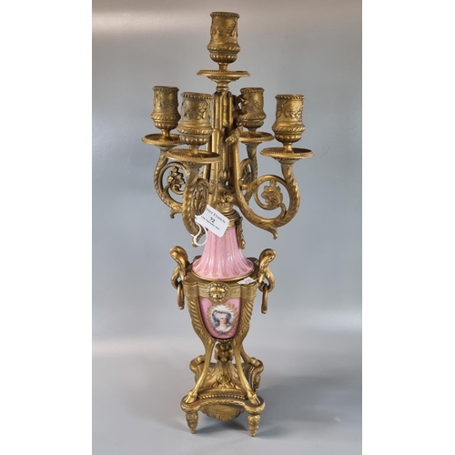 72 - Early 20th century Sevres style gilded brass and porcelain table candelabra with portrait panel.   (... 