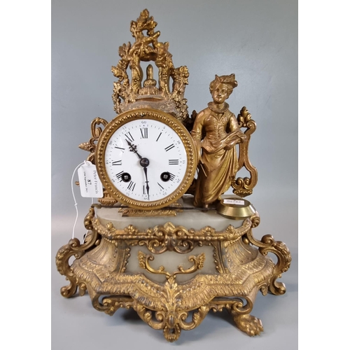 87 - Early 20th century, probably French, gilt metal and alabaster two train figural mantle clock, with k... 