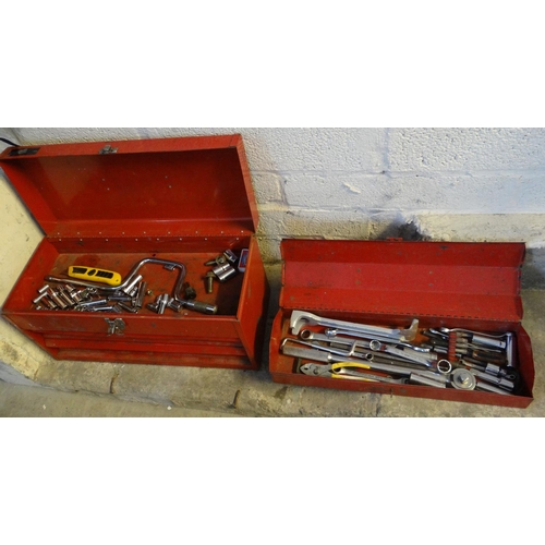 478 - Two metal tool boxes containing a good assortment of socket sets etc.  together with three bags of v... 