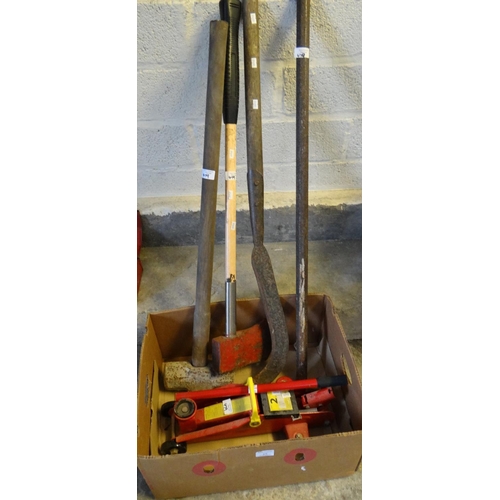 479 - Small workshop trolley jack, sledge hammer, felling axe, bill hook and long prise/crow bar.  (B.P. 2... 