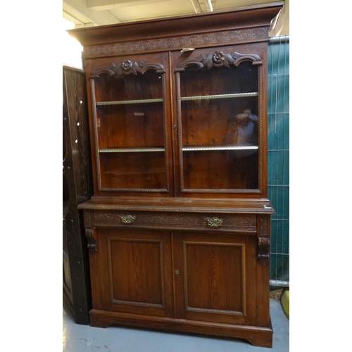 493 - Edwardian stained chiffonier bookcase cabinet with moulded and carved decoration.  130cm wide approx... 