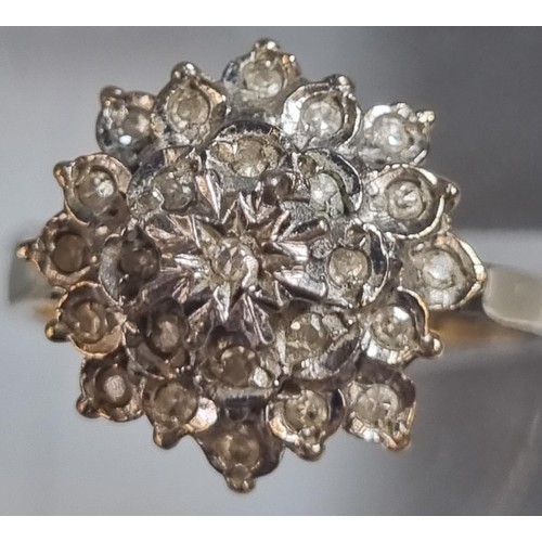 216 - 9ct gold diamond cluster ring.  Size L1/2.  3.2 g approx.  (B.P. 21% + VAT)