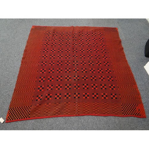 143 - Dark red and black vintage woollen small narrow loom Welsh tapestry blanket in check design.
(B.P. 2... 