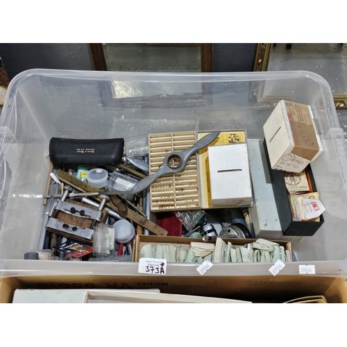 373A - Box of jewellery and watch making/fixing equipment to include: watch glasses in various sizes, rolle... 