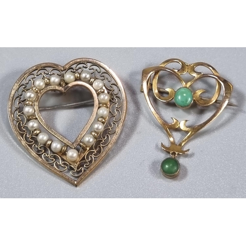 206 - Art Nouveau design gold stone set brooch, together with a gold seed pearl set pendant/brooch.  4.8g ... 