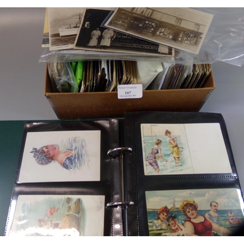 107 - Postcards collection in a box, 100's of cards with good selection of Welsh cards & green album of ea... 