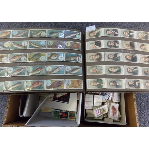 111 - Cigarette Cards and various trade cards in 3 boxes, loose and in bundles & a large album of Wills Ci... 