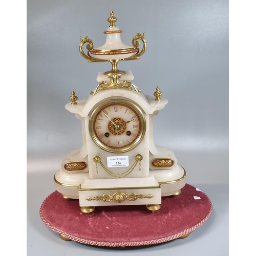 126 - 19th Century French alabaster and gilt metal two train clock on associate fabric oval base. 
(B.P. 2... 