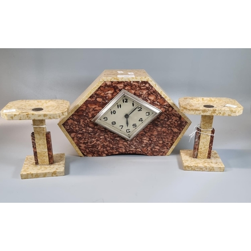 127 - Art Deco marble geometric design clock garniture set with chrome and silvered face, probably French.... 