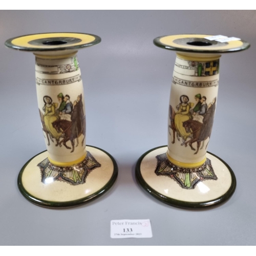 133 - A pair of Royal Doulton 'Canterbury Pilgrims' candlesticks. 
(B.P. 21% + VAT)