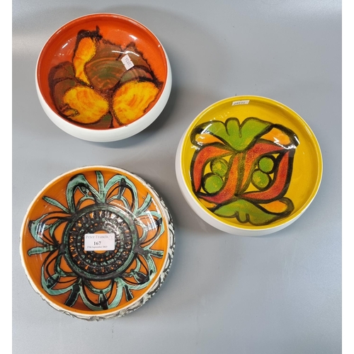 167 - Three Poole pottery abstract design bowls. 18cm diameter approx. Printed marks to the base. (3)
(B.P... 