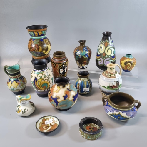 169 - Collection of Gouda Dutch pottery items to include: vases, jugs, ashtray, small pin tray etc. All wi... 