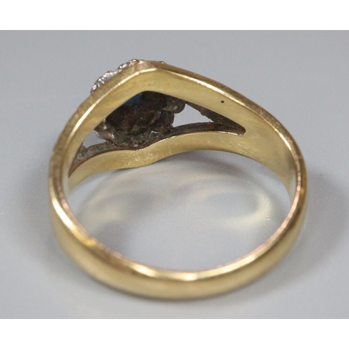 200 - 18ct gold bark finish diamond and sapphire ring. Size K1/2. 4.6g approx.  (B.P. 21% + VAT)