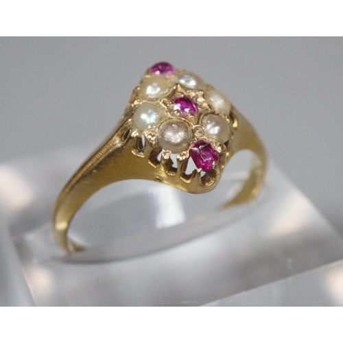 203 - Victorian 18ct gold lozenge shaped ruby and seed pearl ring. Birmingham hallmarks. 2.7g approx. Ring... 