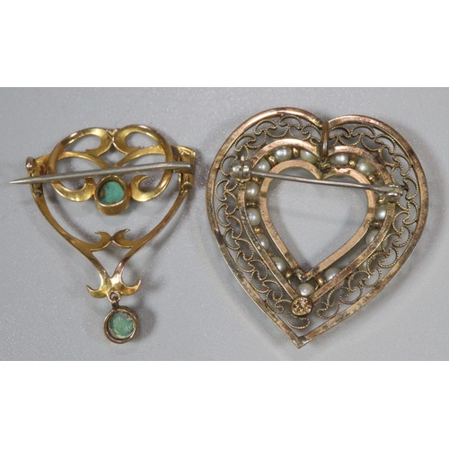 206 - Art Nouveau design gold stone set brooch, together with a gold seed pearl set pendant/brooch.  4.8g ... 