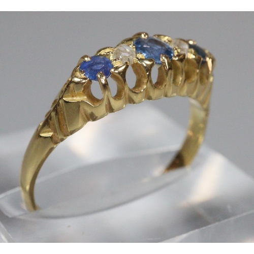 207 - 18ct gold Victorian five stone diamond and probably sapphire ring. Birmingham hallmarks. 3.6g approx... 