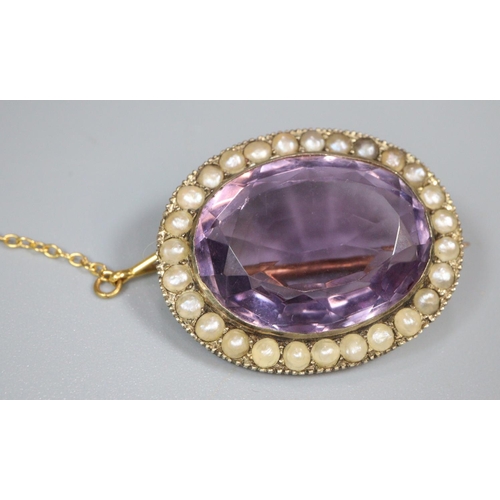 217 - 19th Century yellow metal amethyst and pearl brooch appearing in original leather box with retailers... 