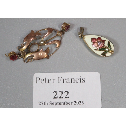 222 - 9ct gold Art Nouveau red stone and pearl pendant. 2g approx. Together with another small floral enam... 