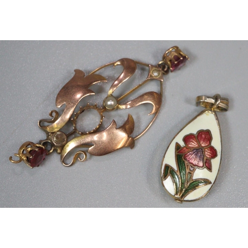 222 - 9ct gold Art Nouveau red stone and pearl pendant. 2g approx. Together with another small floral enam... 