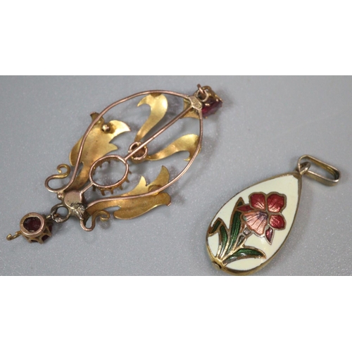 222 - 9ct gold Art Nouveau red stone and pearl pendant. 2g approx. Together with another small floral enam... 