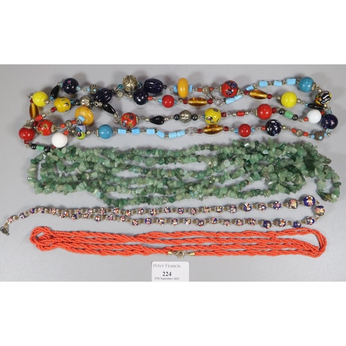 224 - Collection of necklaces to include: greenstone guard style necklace, coral necklace and millefiori d... 