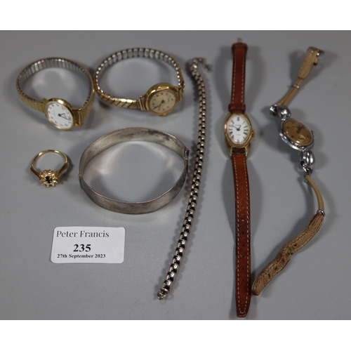 235 - Bag of assorted ladies wristwatches, together with a silver bangle with Chester hallmarks and a dres... 