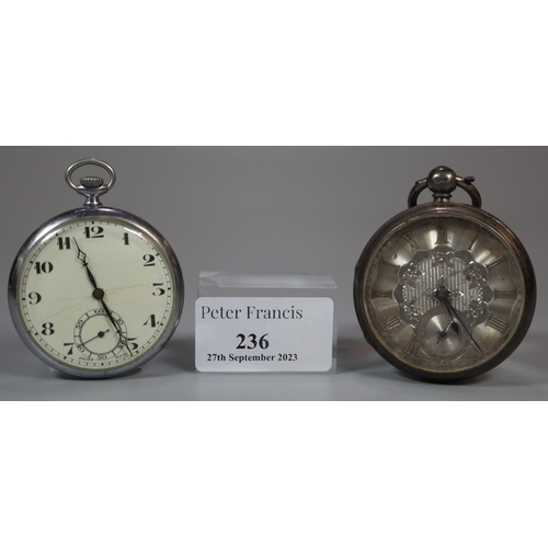 236 - Early 20th Century silver open faced pocket watch with silvered face and Roman numerals. Together wi... 