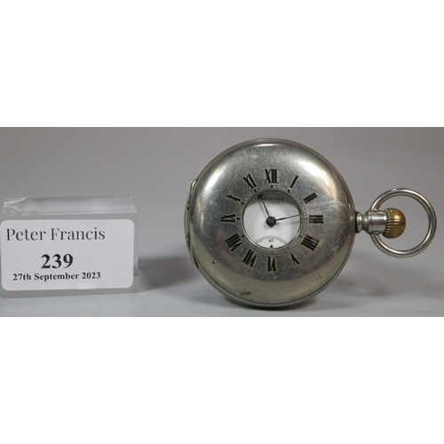 239 - Longines half hunter silver plated pocket watch with enamel face and Roman numerals.
(B.P. 21% + VAT... 