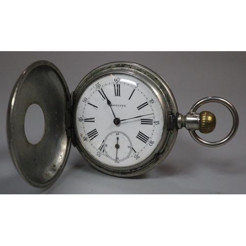 239 - Longines half hunter silver plated pocket watch with enamel face and Roman numerals.
(B.P. 21% + VAT... 