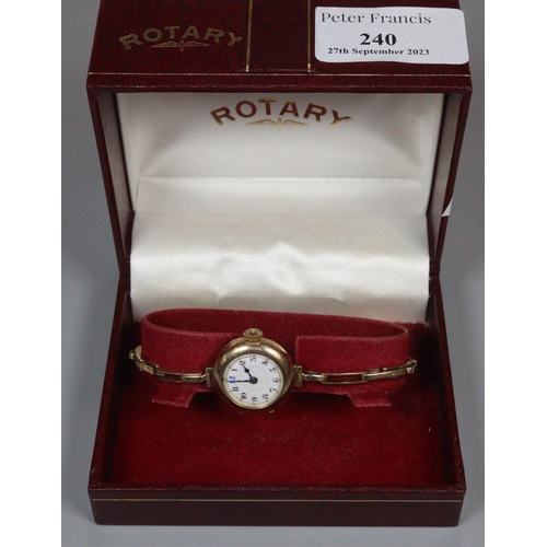 240 - Early 20th Century enamel faced 9ct gold bracelet watch. 14.6g approx. In associate Rotary watch box... 