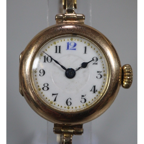 240 - Early 20th Century enamel faced 9ct gold bracelet watch. 14.6g approx. In associate Rotary watch box... 