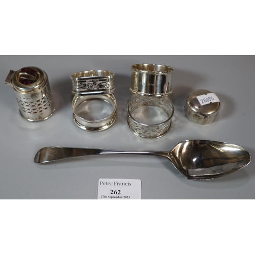 262 - Collection of silver to include: four napkin rings, 19th Century silver rat tail spoon and a silver ... 