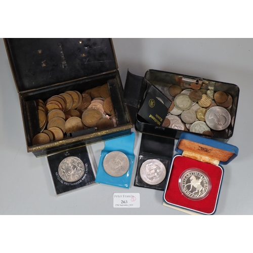 263 - Two vintage tin money boxes revealing assorted GB and other coinage, to include: a Royal Mint silver... 