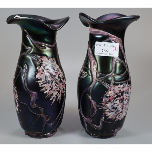 266 - Pair of continental Art Nouveau organic design purple ground glass vases. 21cm high approx.
(B.P. 21... 