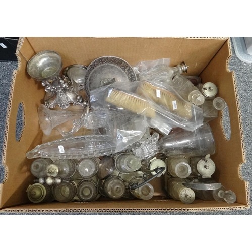 277 - Box of metal and glassware to include: various dressing table items, decorative ships, cruet sets on... 