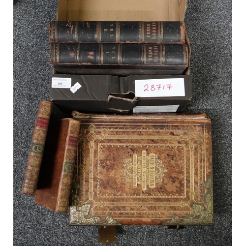 280 - Box of antiquarian books to include: Volume I & II of 'Byron's Works' half leather bound by William ... 