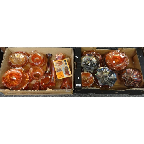 281 - Two boxes of carnival glass items; vases, bowls, pedestal dishes etc. Together with a softback book ... 