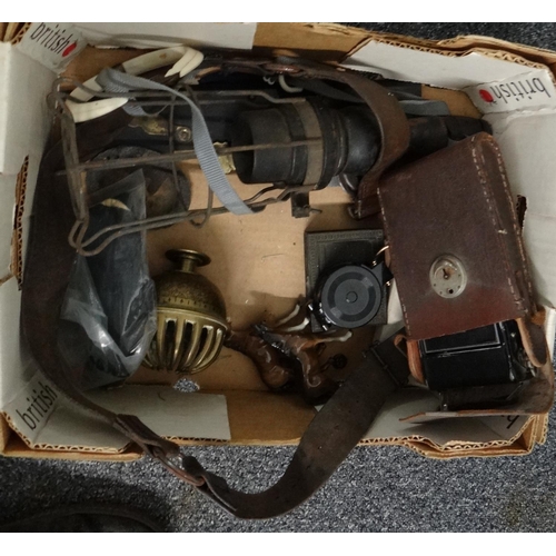 289 - Box of assorted items to include: leather cased Agfa folding camera, glass cylinder with enamel elep... 