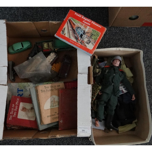 291 - Box of assorted oddments to include: Action Man with accessories, Thomas the Tank Engine books and o... 