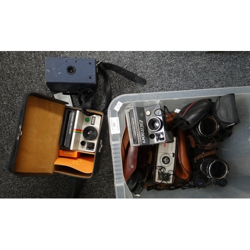 305 - Box of cameras and other optical equipment to include: a cased Polaroid land camera 1000, Ensign box... 