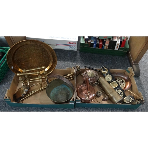 317 - Two boxes of metalware to include: copper kettles, brass charger with embossed turkey design, firesi... 