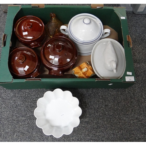 321 - Box of mostly china to include: brown glazed earthenware lidded casserole dishes,  ceramic duck cass... 