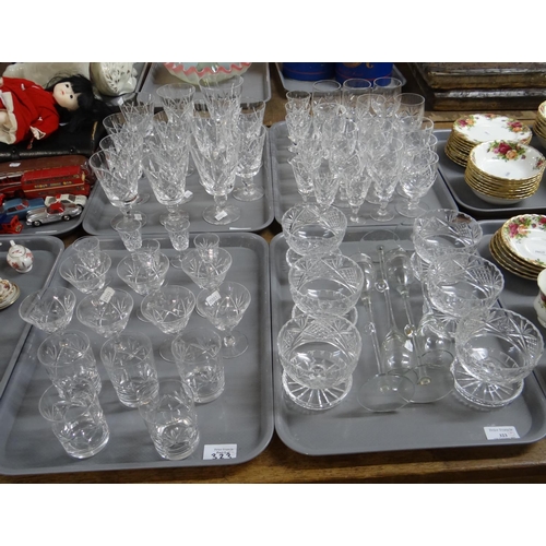 323 - Four trays of glassware to include: various drinking vessels, liqueur glasses, dessert bowls, set of... 