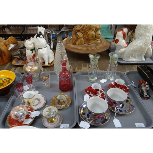 327 - Two trays of china and glass to include: Limoges cabinet cups and saucer decorated with flowers, fig... 