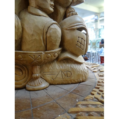 346 - Large carved wooden Arthurian sculptural centrepiece depicting King Arthur, Guinevere and the Arthur... 