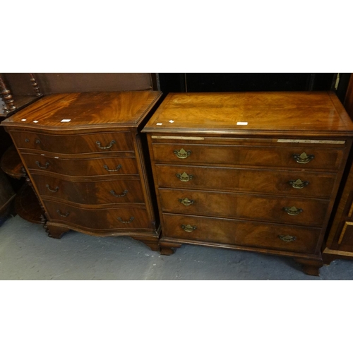 408 - Reproduction mahogany serpentine design cock beaded chest of four drawers on bracket feet (77cm long... 