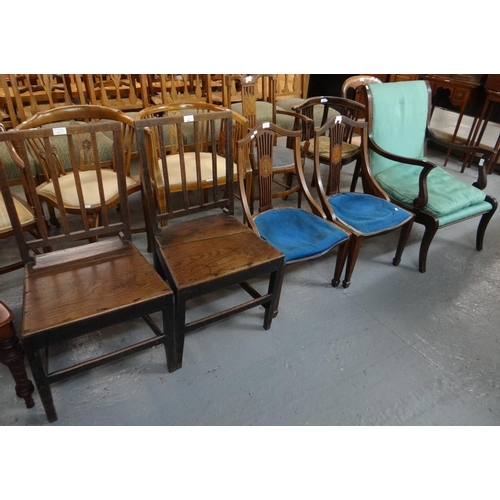 411 - Pair of 19th Century Welsh oak and elm stick back farmhouse kitchen chairs, together with a pair of ... 