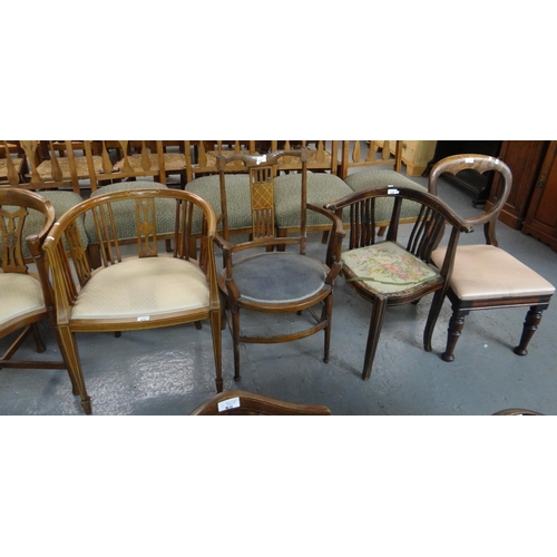 414 - A collection of eight chairs, various to include: mahogany inlaid parlour chairs, tub chair, bedroom... 