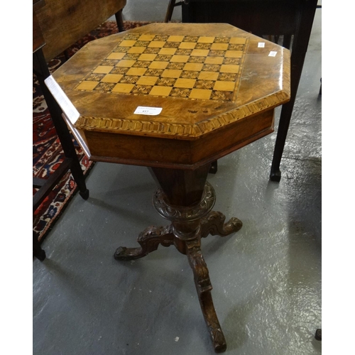 457 - Victorian walnut and mixed woods parquetry octagonal tripod work/games table, the interior revealing... 